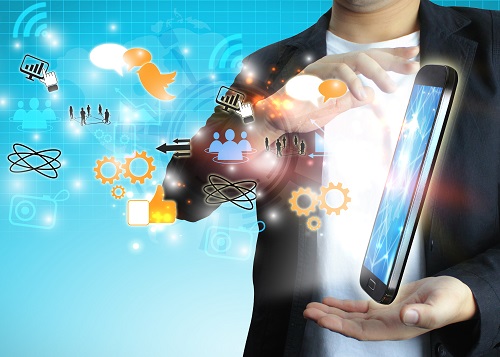 businessman holding social media concept.