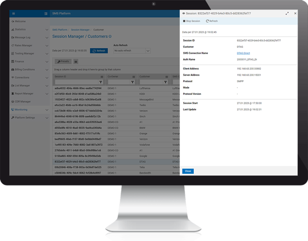 SMS platform session and queue monitoring