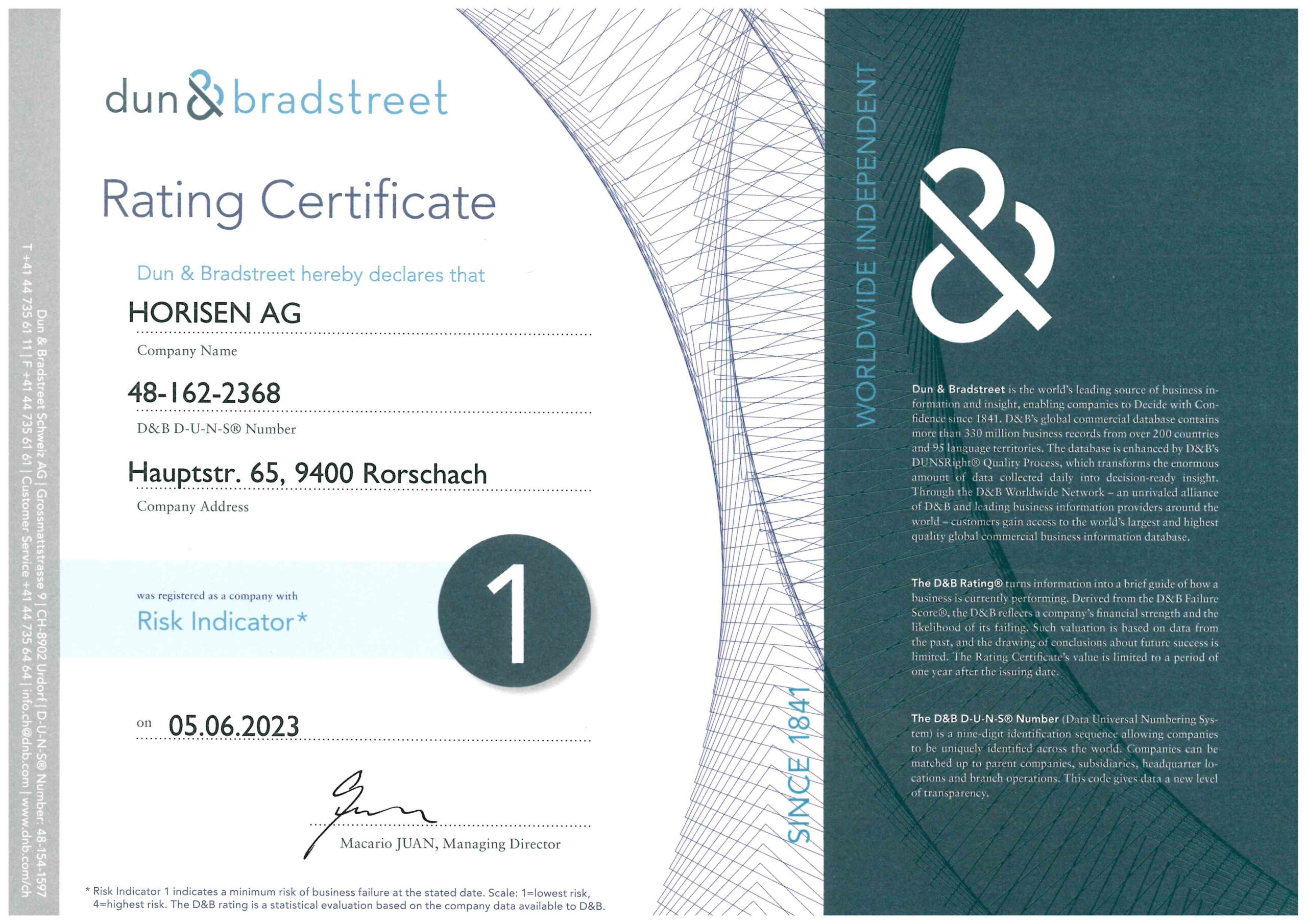 Rating Certificate from Dun & Bradstreet 2023